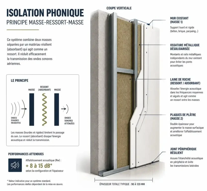 Schéma technique du principe masse-ressort-masse pour isoler phoniquement une pièce