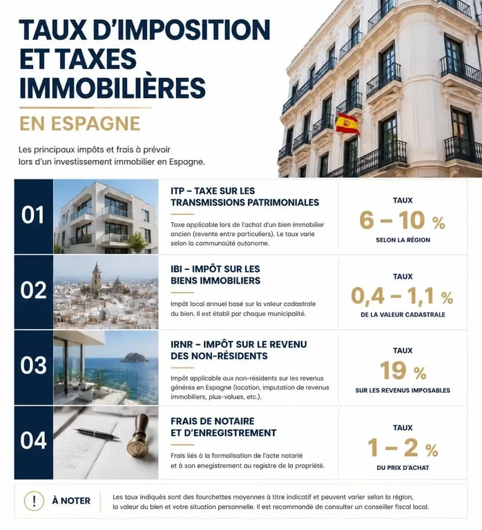 Infographie des taxes et fiscalité pour investir en immobilier en Espagne