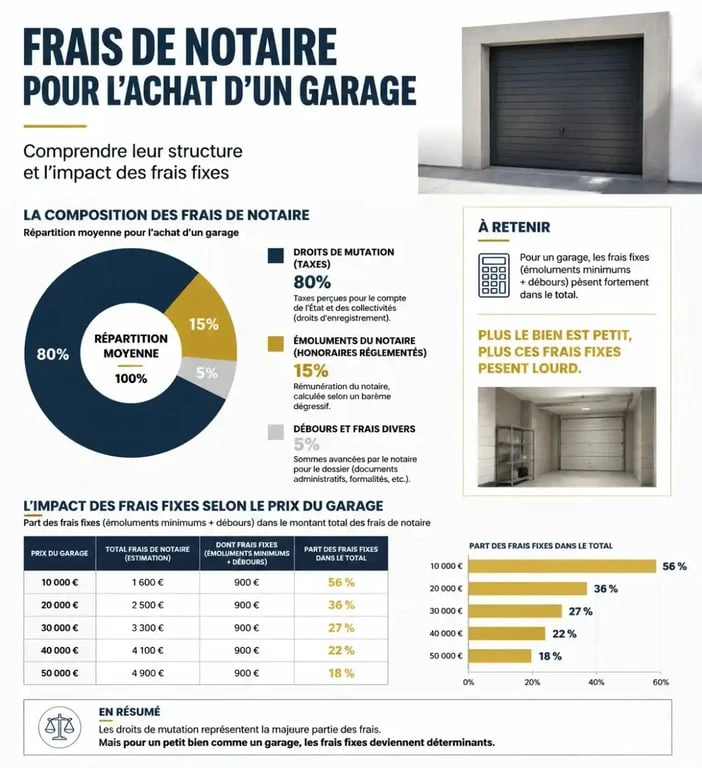 Graphique illustrant la structure des frais de notaire pour l'achat d'un garage