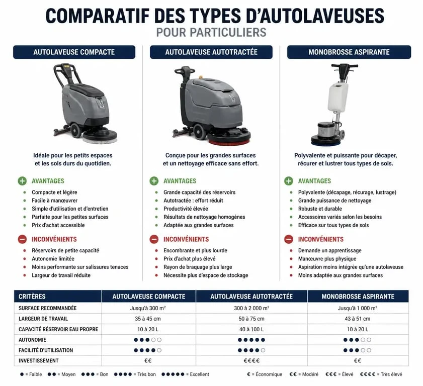 Infographie comparative des types d'autolaveuses pour particuliers pour choisir la meilleure machine