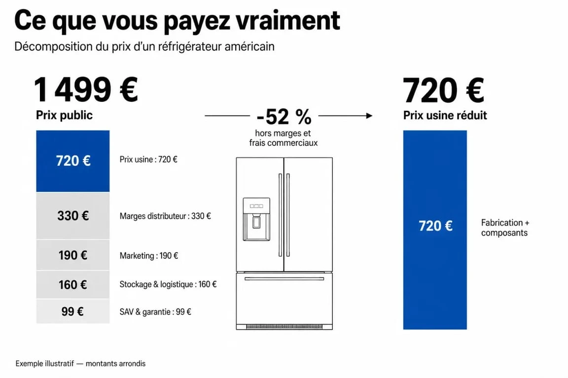 Comparaison visuelle du prix d'un frigo américain prix usine par rapport au prix public