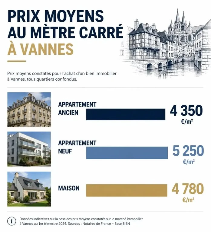Infographie des prix immobiliers au m² à Vannes par type de bien