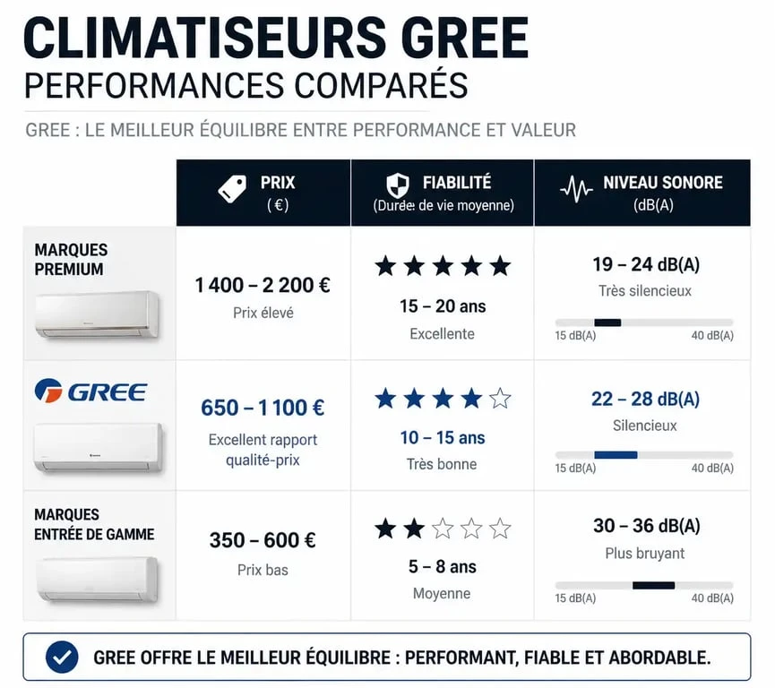 Tableau comparatif des climatiseurs Gree : prix, fiabilité et niveau sonore par rapport aux concurrents