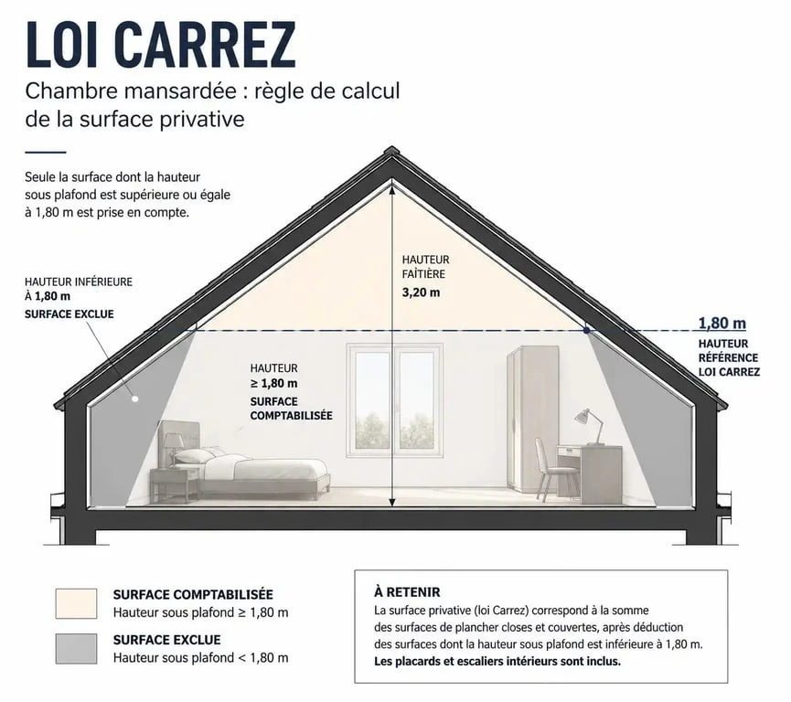 Schéma explicatif de la mesure de la surface loi Carrez dans une chambre mansardée avec seuil de 1,80 mètre