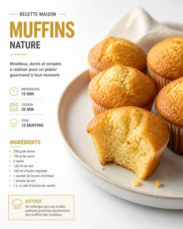Recette pour muffins nature moelleux et dorés sur une assiette