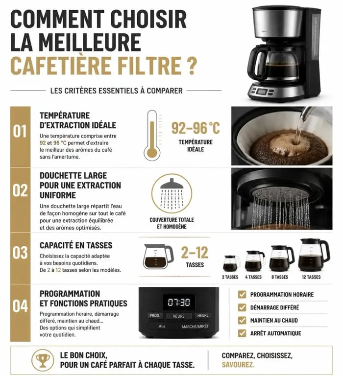 Infographie des critères techniques pour choisir la meilleure cafetière filtre