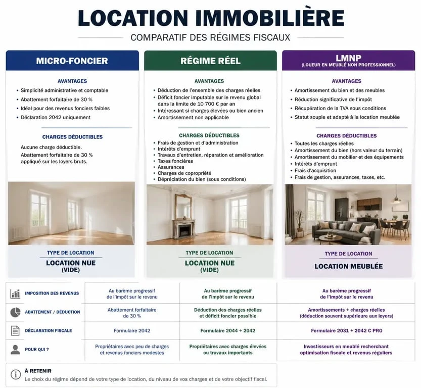 Comparatif des régimes fiscaux pour propriétaire louant son appartement : Micro-foncier, Réel et LMNP