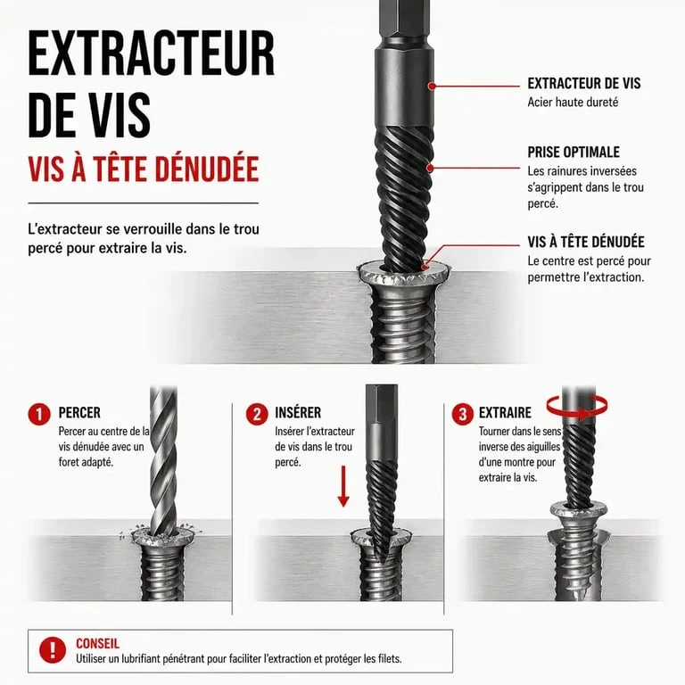 Schéma technique illustrant l'extraction d'une vis au pas de vis foiré