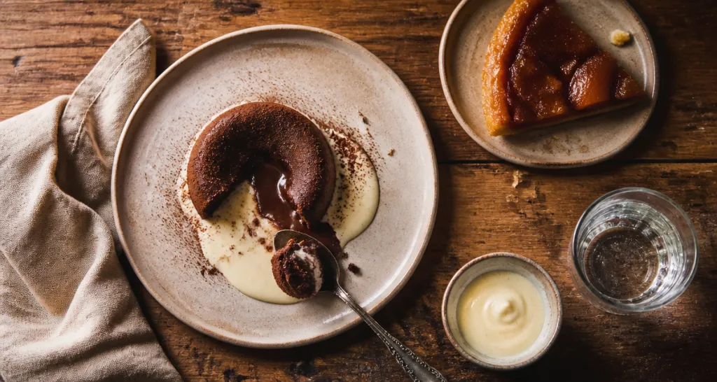 Gâteau pour accompagner une crème anglaise, fondant chocolat et tarte Tatin