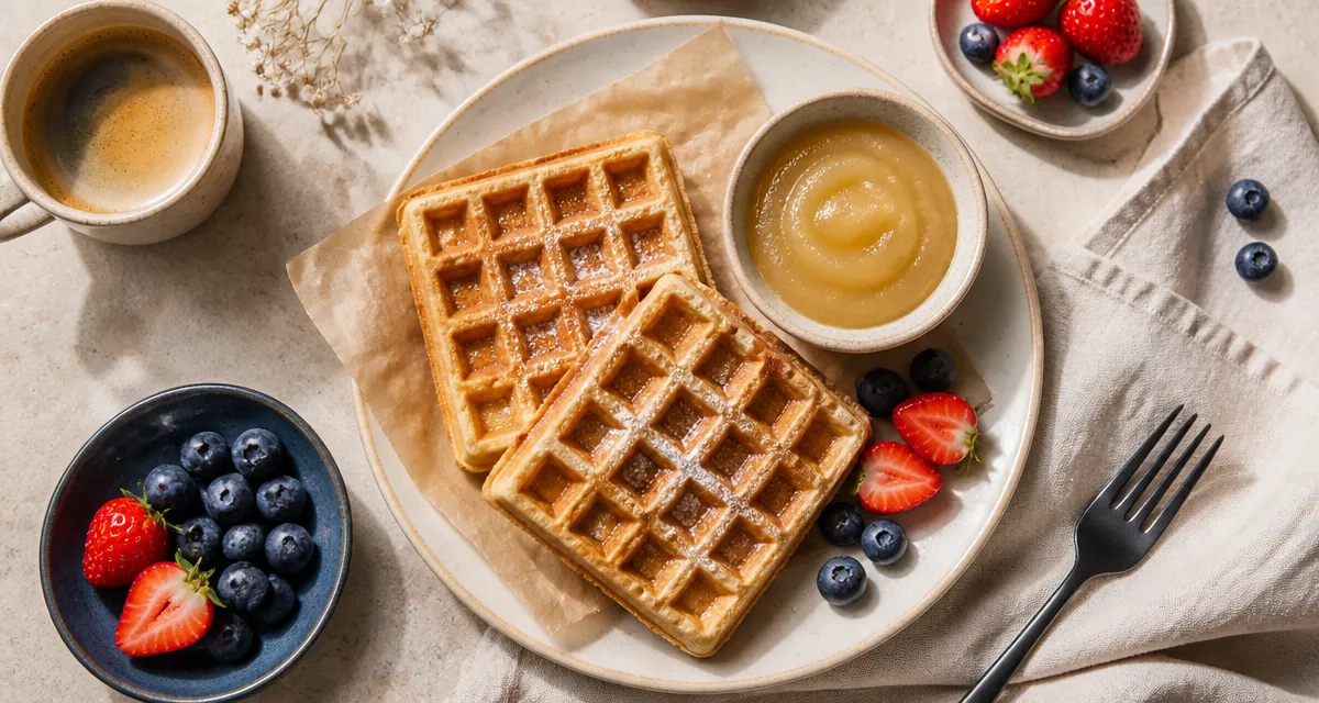Gaufre healthy peu calorique, 80 kcal, dorée, baies et compote