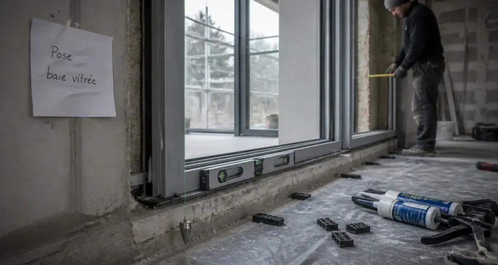 Installation baie vitrée : pose du dormant en rénovation, niveau et cales visibles