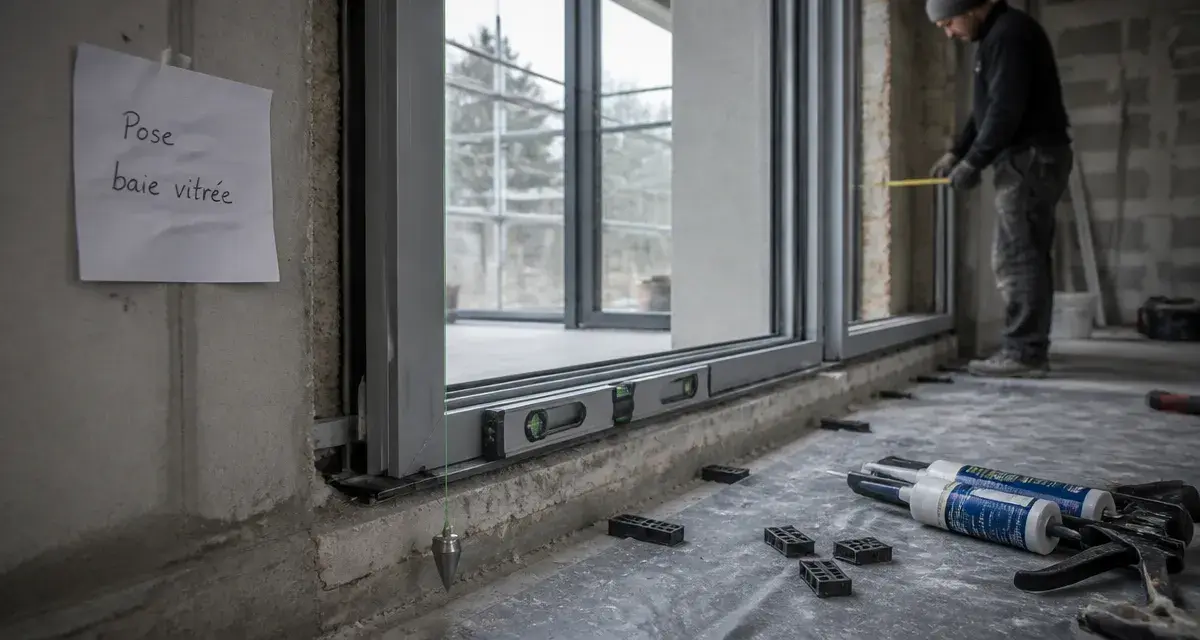 Installation baie vitrée : pose du dormant en rénovation, niveau et cales visibles