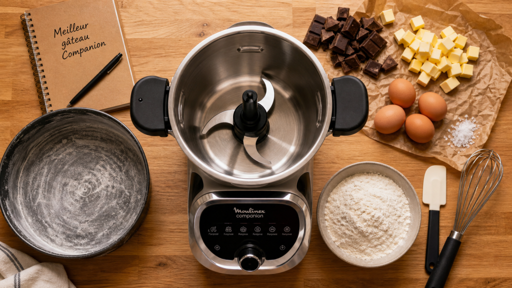 Meilleur gâteau au companion : ingrédients du moelleux (bol inox, œufs, farine, chocolat)