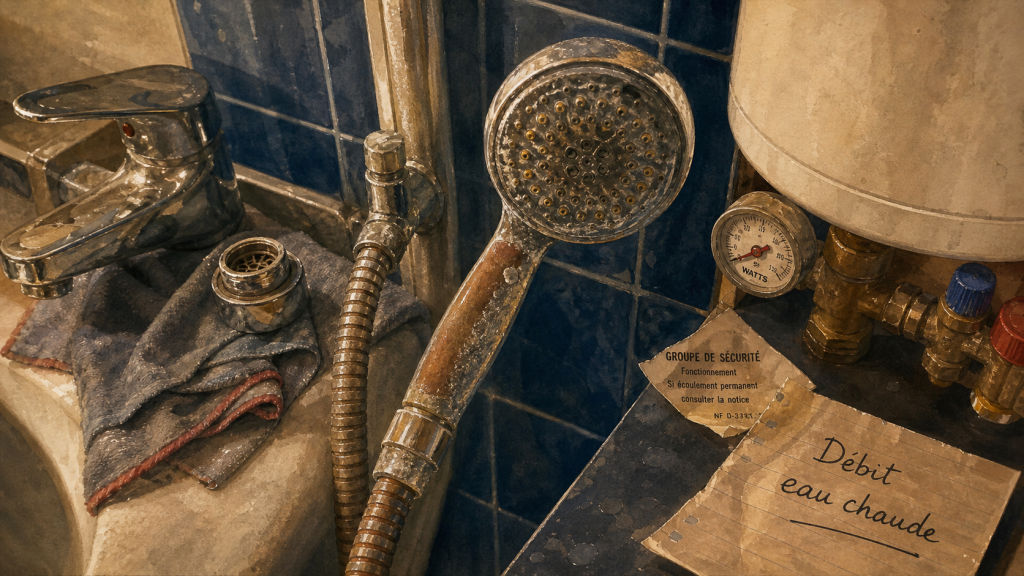 Pas de pression eau chaude : douche sans débit et flexible entartré