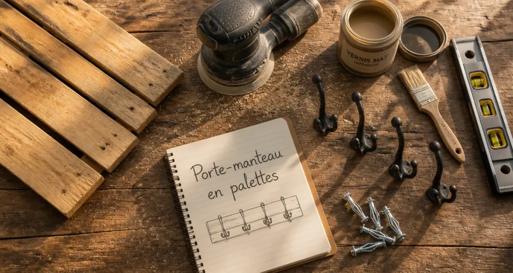 porte manteau palettes sur établi avec outils