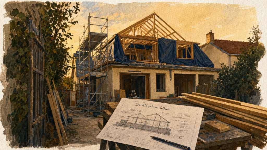 Prix surélévation maison 40m2 : chantier en cours, charpente neuve
