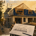 Prix surélévation maison 40m2 : chantier en cours, charpente neuve