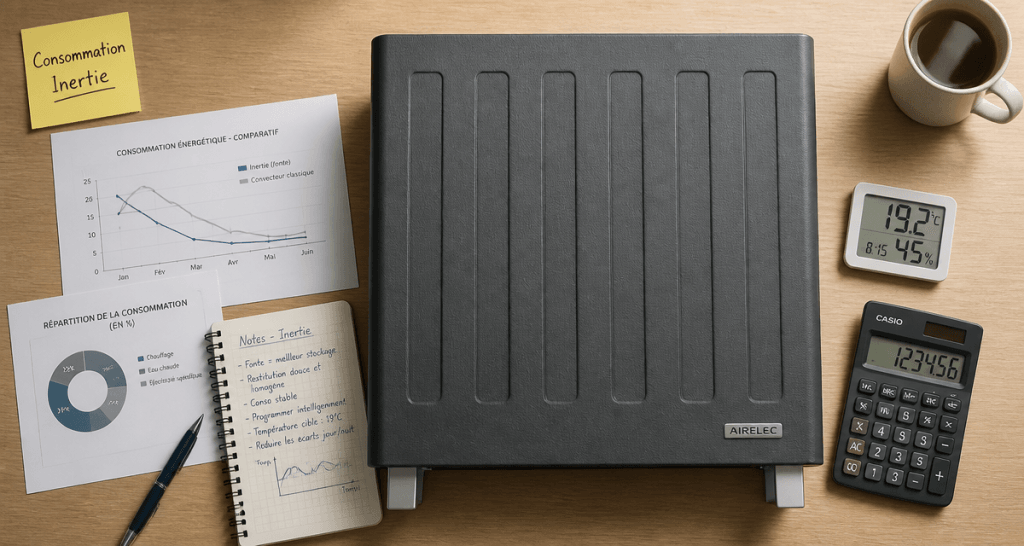 radiateur à inertie consommation sur bureau avec schémas