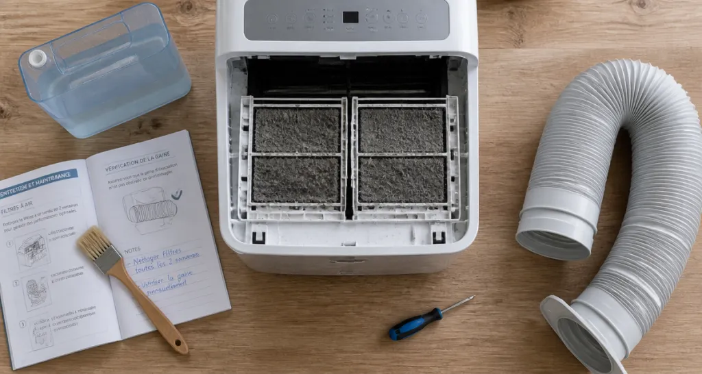 Réparation climatiseur mobile avec filtres à air ouverts et outils