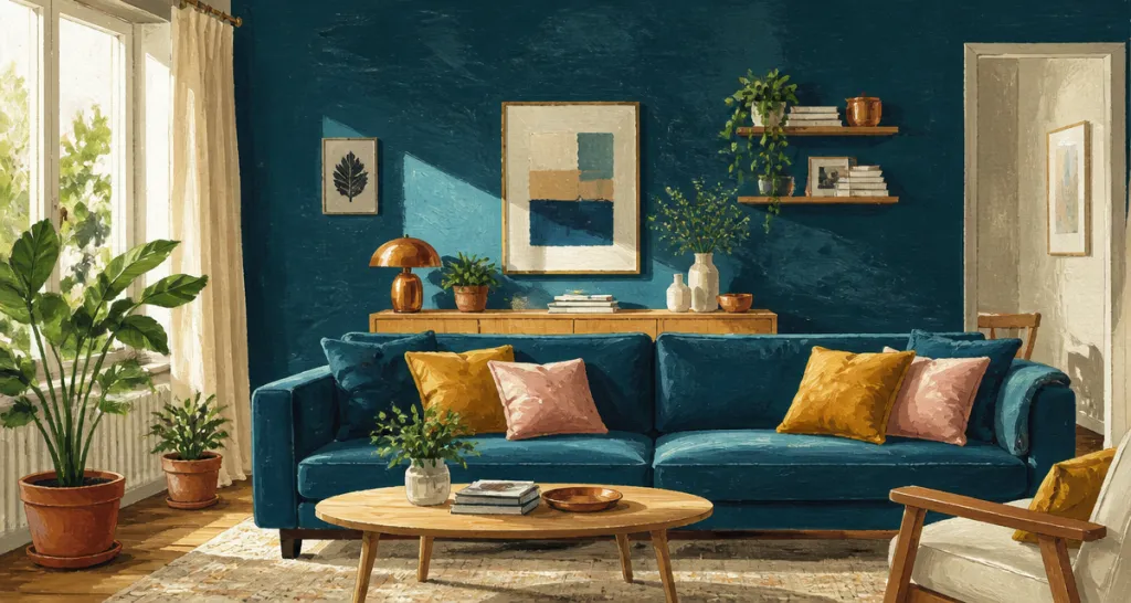 Salon contemporain bleu canard fonce, velours, bois, coussins moutarde