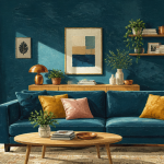 Salon contemporain bleu canard fonce, velours, bois, coussins moutarde