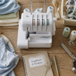 Surfileuse moderne sur table avec accessoires couture