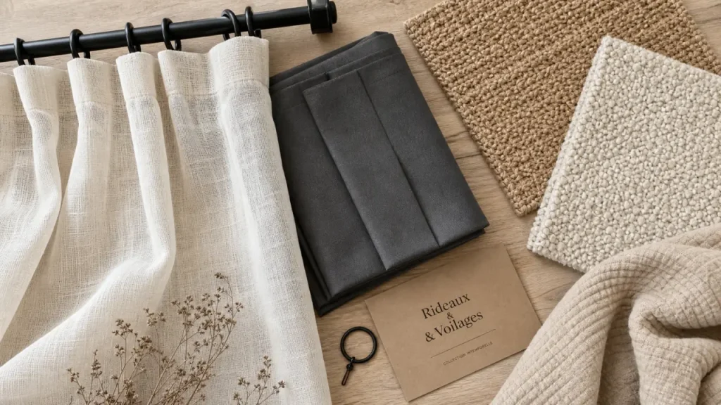 atelier de la deco : rideaux voilages et échantillons de tapis beige anthracite