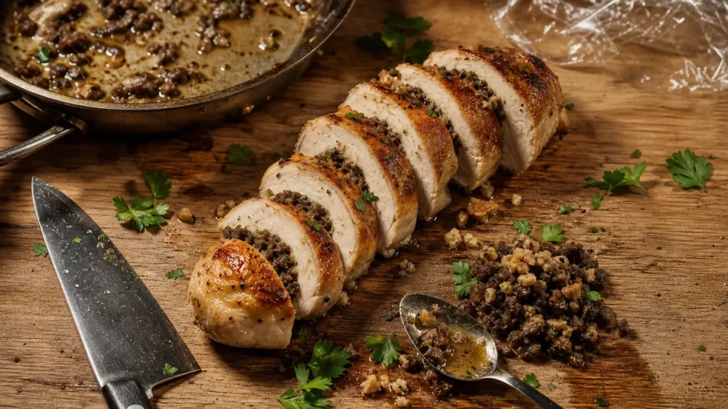 Ballotine de poulet farcie aux champignons et châtaignes, pour une viande tendre et des tranches nettes