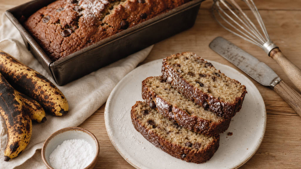 Banana bread ultra moelleux aux bananes très mûres, babeurre et pépites de chocolat