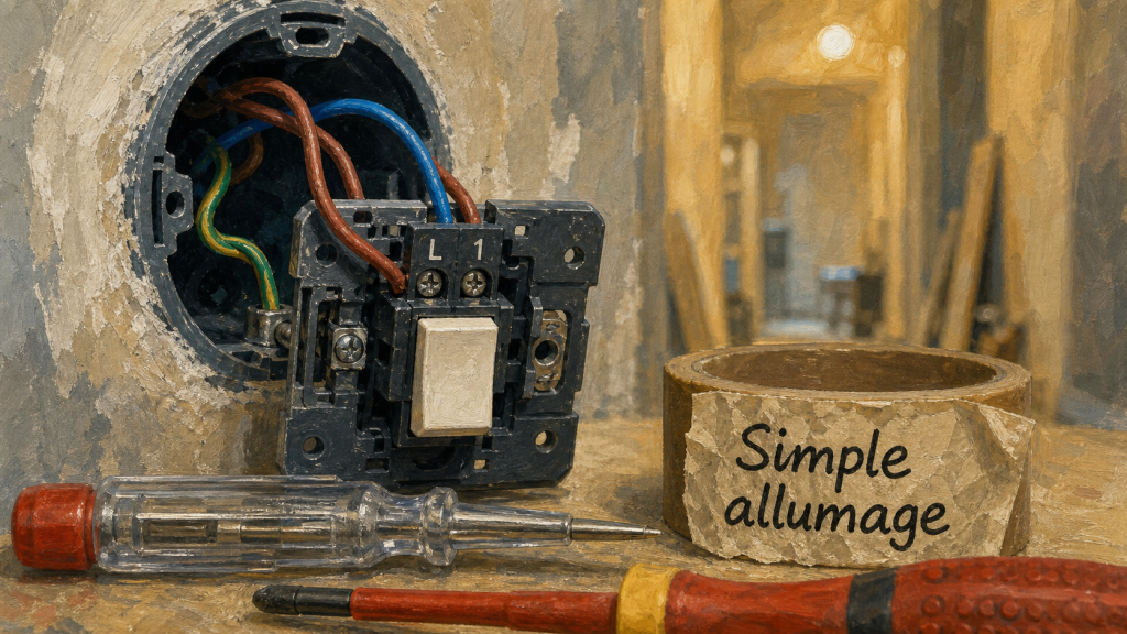 cablage simple allumage retour lampe terre, bornes L et 1, test absence tension