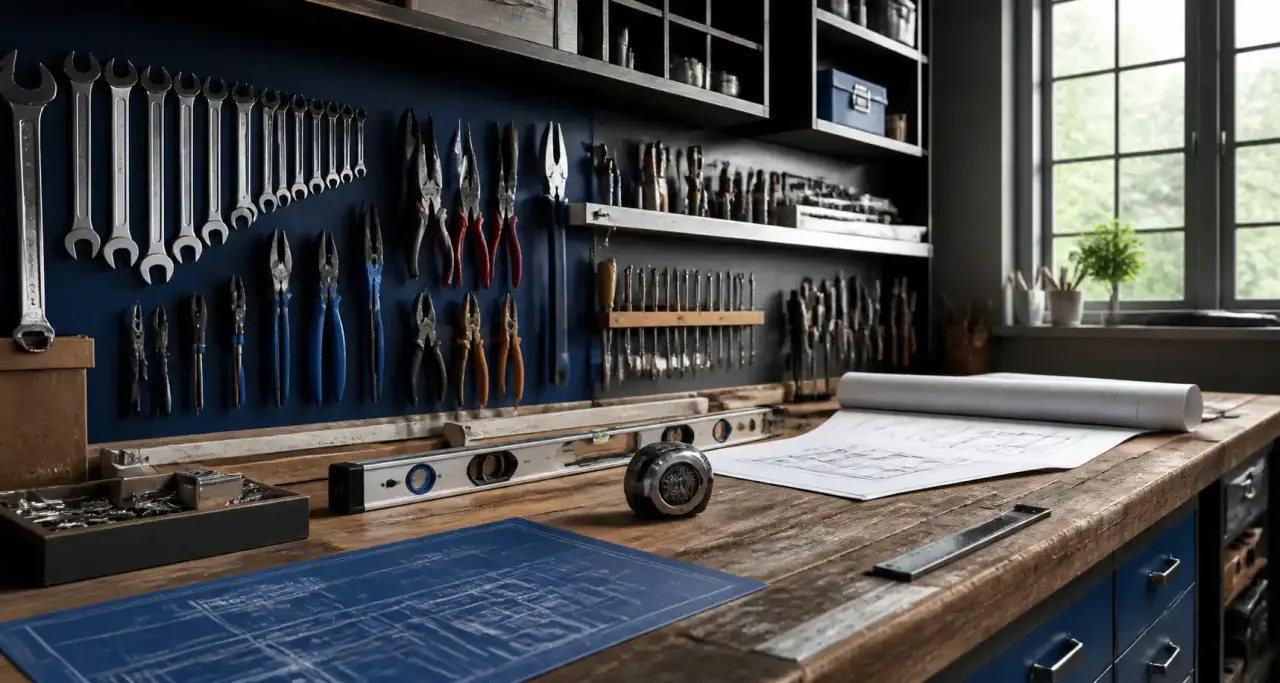 Établi de bricolage organisé avec outils et plans de rénovation