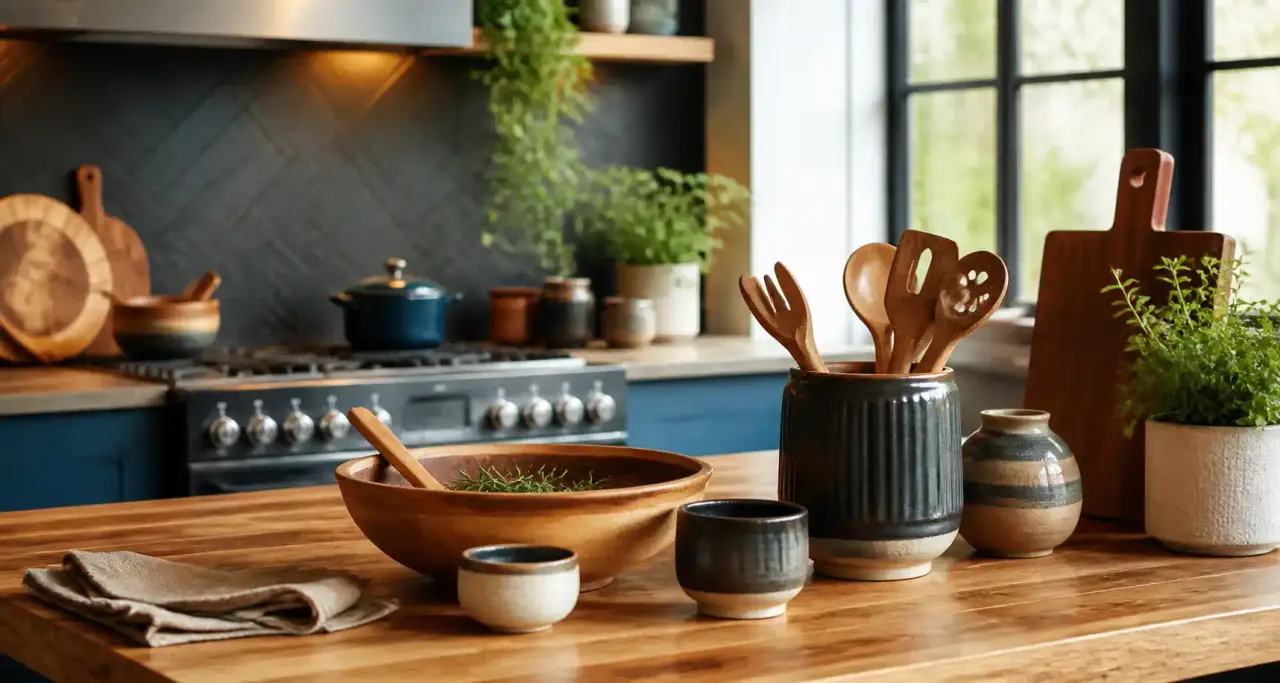 Cuisine moderne et lumineuse avec ustensiles sur plan de travail en bois