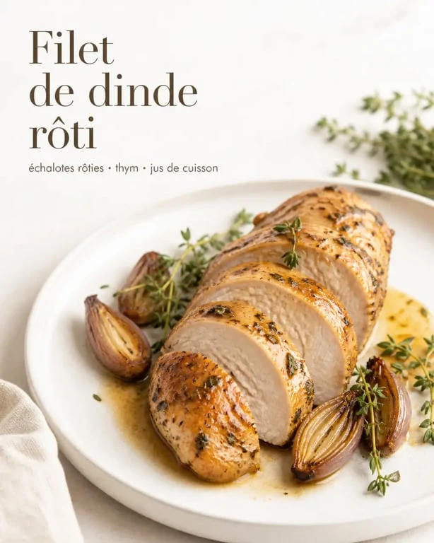 Recette filet de dinde au four moelleux servi en tranches sur assiette blanche