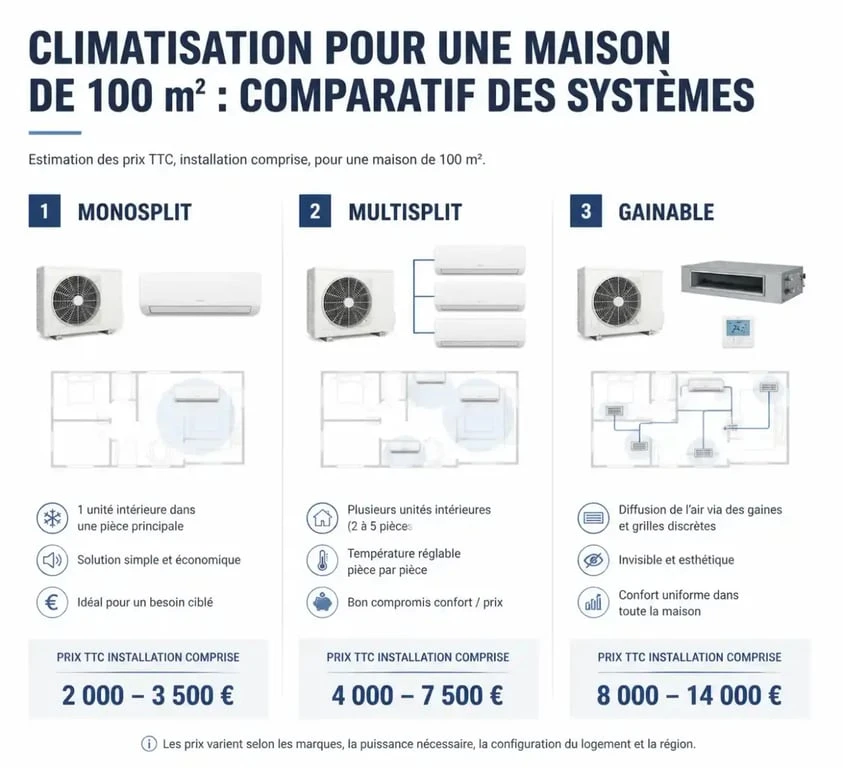 Comparatif des prix de climatisation pour une maison de 100m2 : monosplit, multisplit et gainable.