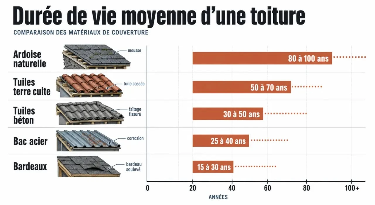 Infographie sur la durée de vie toiture selon les matériaux et les signes d’usure