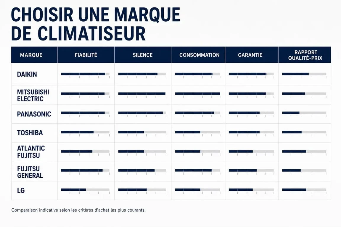 Meilleur marque de climatiseur : comparatif visuel des marques Daikin, Mitsubishi Electric, Panasonic, Toshiba, Atlantic Fujitsu, Fujitsu General et LG