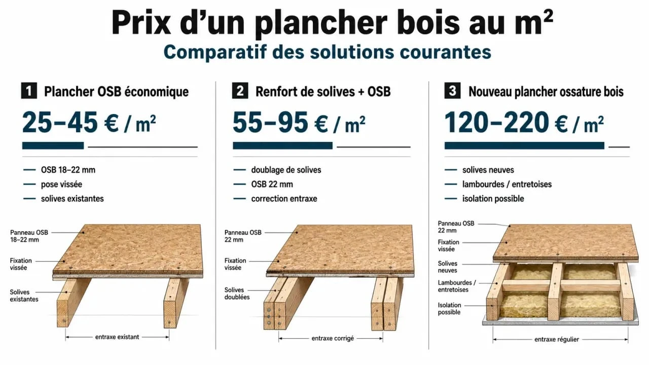 Prix plancher bois au m2 : comparaison visuelle des coûts de l’OSB, des solives et du plancher en ossature bois