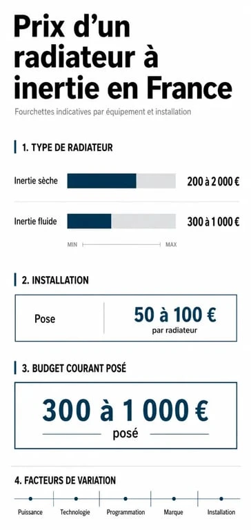 Prix radiateur à inertie : infographie comparative des prix d’achat, de la pose et des différences entre inertie sèche et fluide