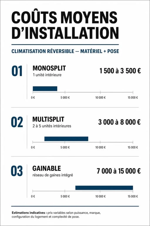 Comparatif des prix d'installation d'une climatisation réversible selon le type de système