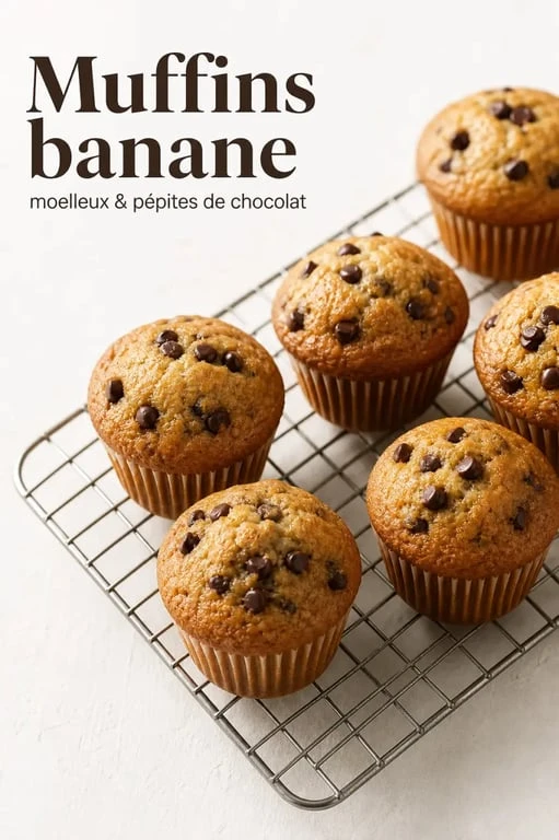 Recette muffin banane moelleux, muffins dorés et moelleux aux pépites de chocolat sur assiette blanche