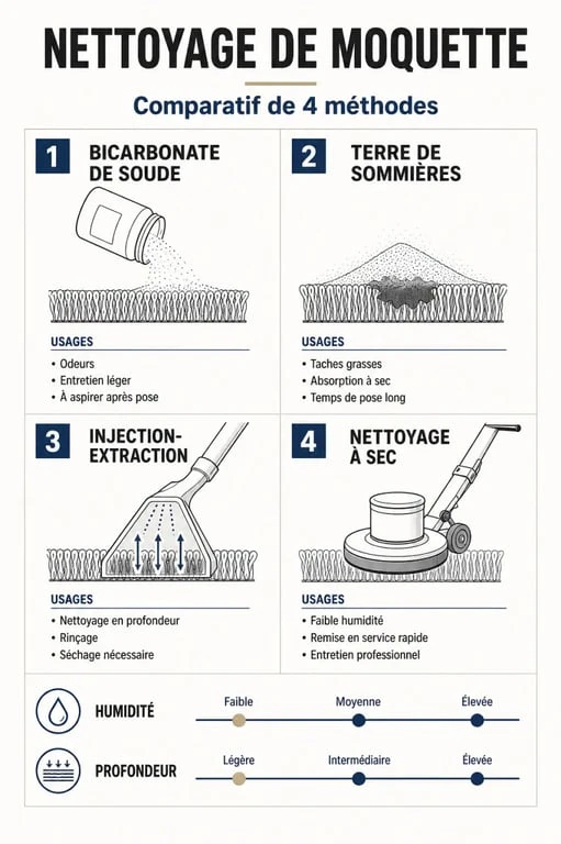Infographie comparative des méthodes pour nettoyer une moquette efficacement