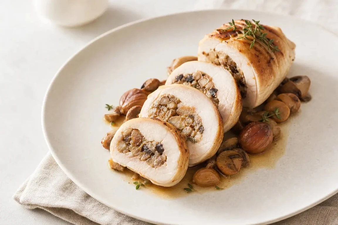 Recette ballotine de poulet farcie tranchée en médaillons sur assiette avec champignons et châtaignes