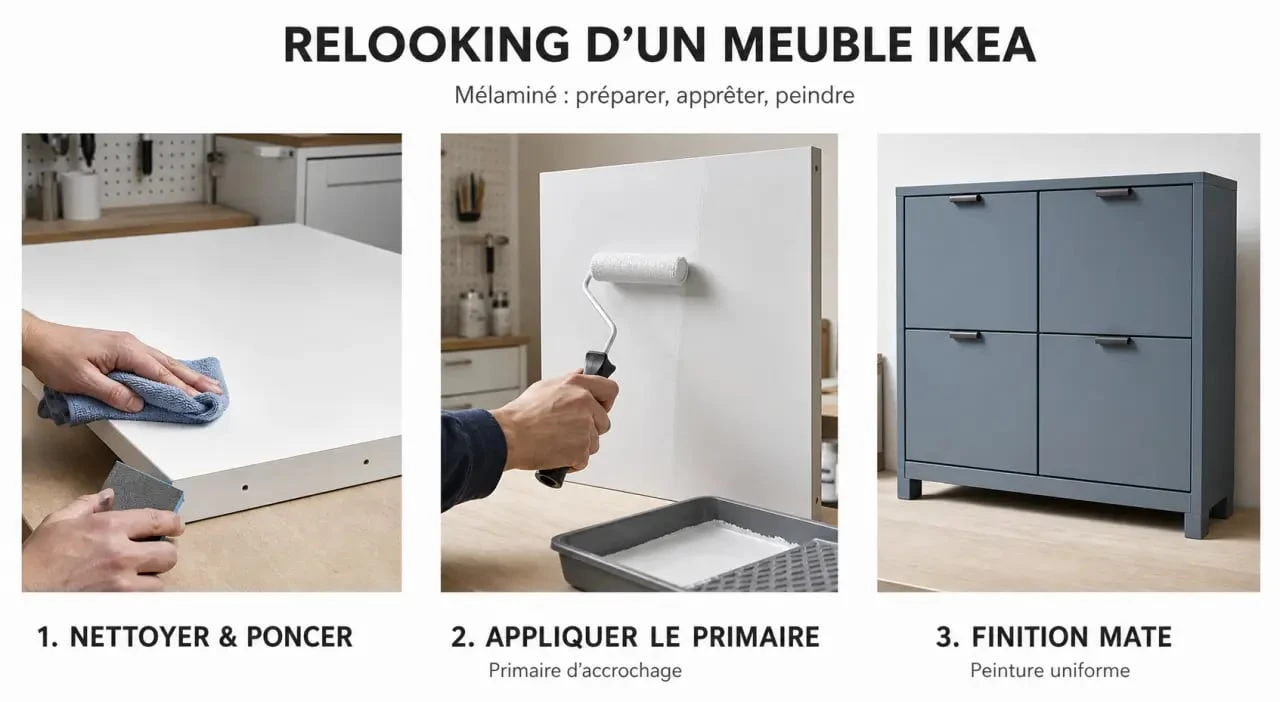 Repeindre meuble IKEA : illustration des étapes de préparation, primaire et peinture