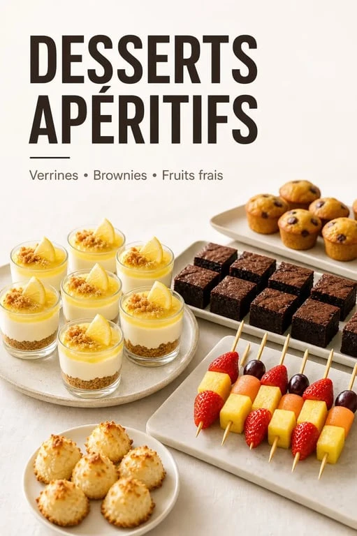 Dessert apéro dinatoire avec mini-verrines, brownies, brochettes de fruits et mini-muffins sur un buffet convivial