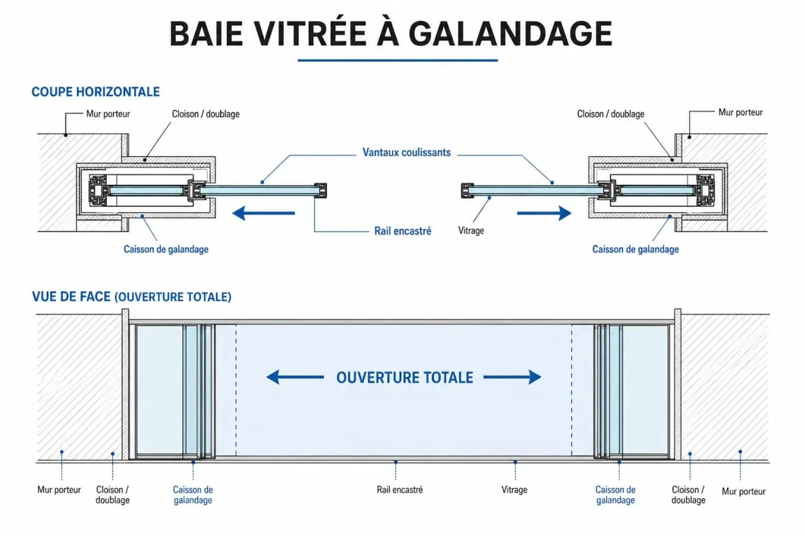 Schéma de fonctionnement d'une baie vitrée à galandage avec vantaux intégrés dans le mur