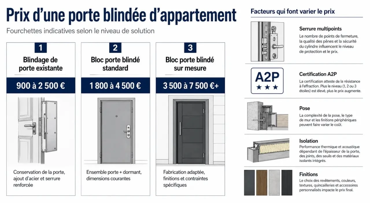Porte blindée appartement prix : comparaison visuelle des gammes de prix et des facteurs de coût