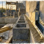 Maison en parpaing : blocs de parpaing sur chantier avec chaînage