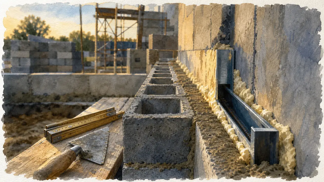 Maison en parpaing : blocs de parpaing sur chantier avec chaînage