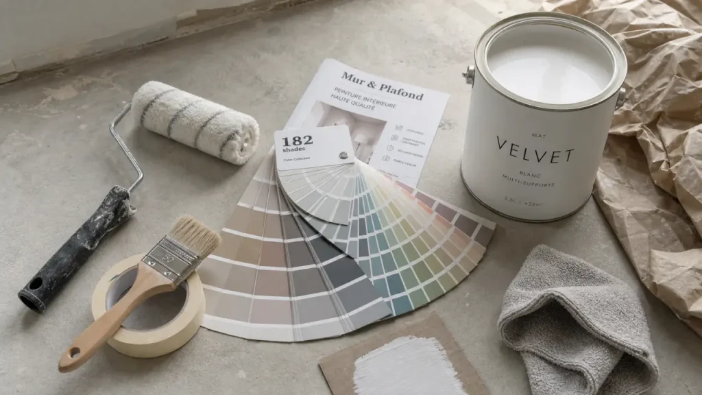 Peinture pour plafond et mur : rouleau et pot blanc mat velouté, nuancier