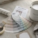 Peinture pour plafond et mur : rouleau et pot blanc mat velouté, nuancier